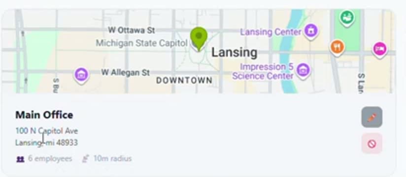 A ClockWork Pro location card for Main Office in Lansing, Michigan, showing its position on a map with the number of assigned employees and its geofence radius.