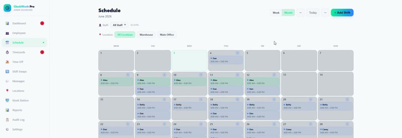 The ClockWork Pro schedule in week view, showing shifts laid out across days with start and end times for each assigned employee.